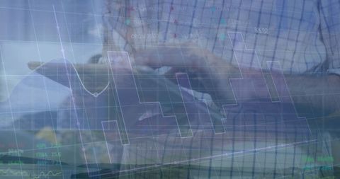 Business Professional Utilizing Tablet with Financial Analytics Overlay