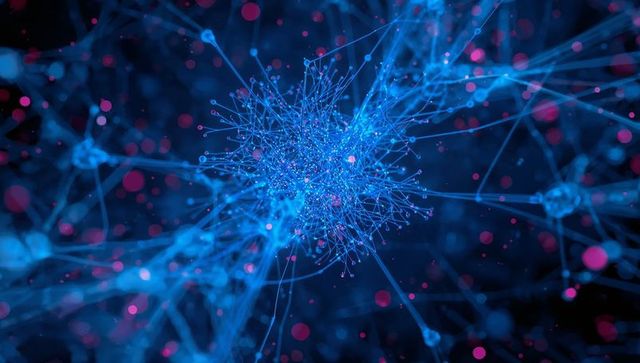 Glowing neural network node cluster radiating blue filaments with magenta bokeh