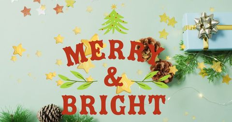 Festive Merry & Bright Holiday Greeting on Gift Background