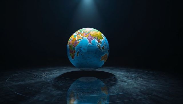 Floating political globe highlighting africa and eurasia over reflective digital stage