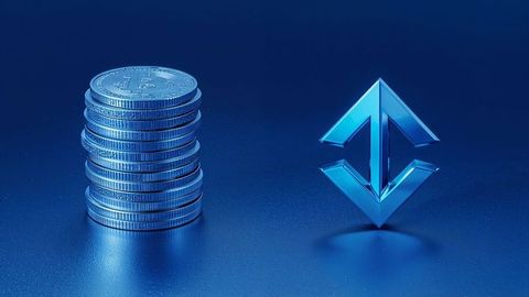 Stack of silver bitcoins online trading with digital arrow icon on blue background