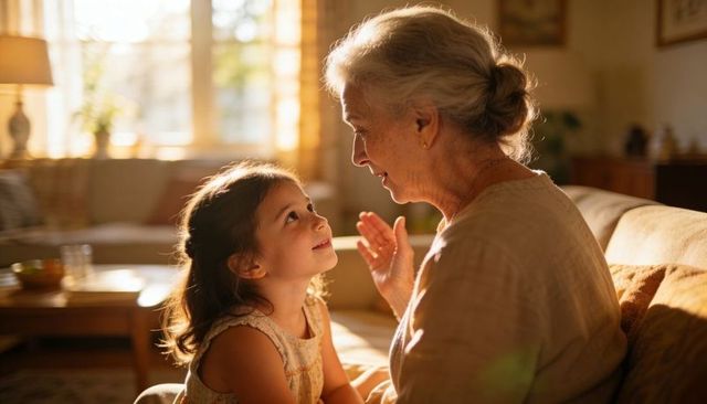Sunlit grandmother and granddaughter sharing warm conversation on cozy sofa