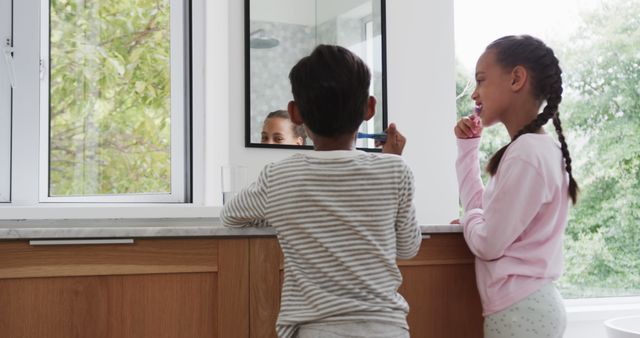 Children Brushing Teeth Together in Bathroom Morning Routine - Download Free Stock Images Pikwizard.com