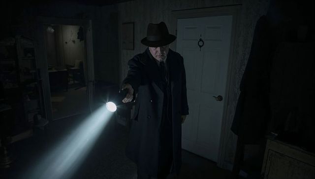 Noir detective searching dim hallway with flashlight wearing fedora and overcoat