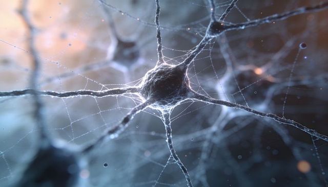 Central neuron soma radiating dendrites and bead-like spines in glowing 3D neural network visualizat