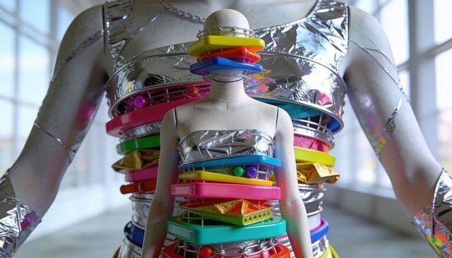 Futuristic mannequin wearing stacked colorful trays with reflective silver bandeau in gallery