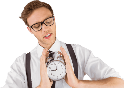 transparent geeky businessman holding alarm clock with focused expression - Download Free Stock Videos Pikwizard.com