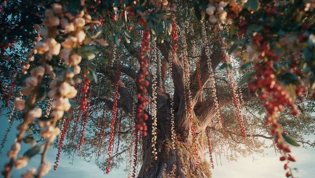 Majestic tree adorned with vivid hanging berries in serene forest
