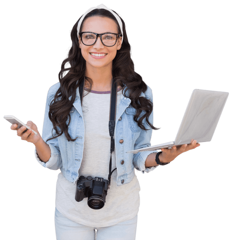 Smiling Woman with Laptop and Smartphone on Transparent Background