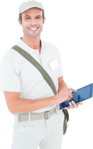 Smiling Delivery Man Using Tablet with Transparent Background - Download Free Stock Videos Pikwizard.com