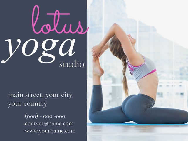 Promoting wellness and flexibility, a woman in a serene yoga pose embodies tranquility and focus. Ideal for yoga studios, the template can also be adapted for wellness retreats or meditation workshops.