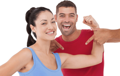 Transparent fitness trainer celebrating successful client progress