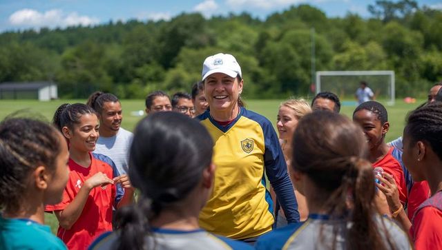 Female soccer coach leading youth team huddle on sunny grass pitch during training session