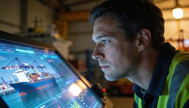 Dockside operator monitoring ship tracking dashboard and cargo analytics for port logistics