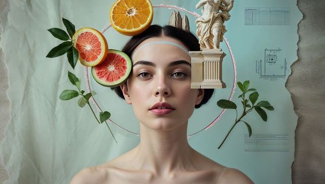 Surreal modern portrait with citrus and marble elements