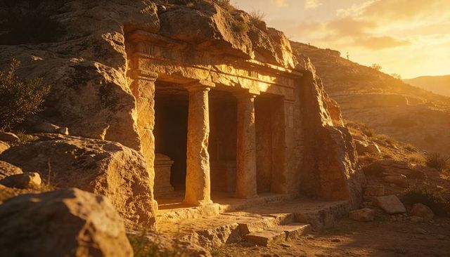 Sunset-lit rockcut tomb showing carved columns and sarcophagus in arid ruins