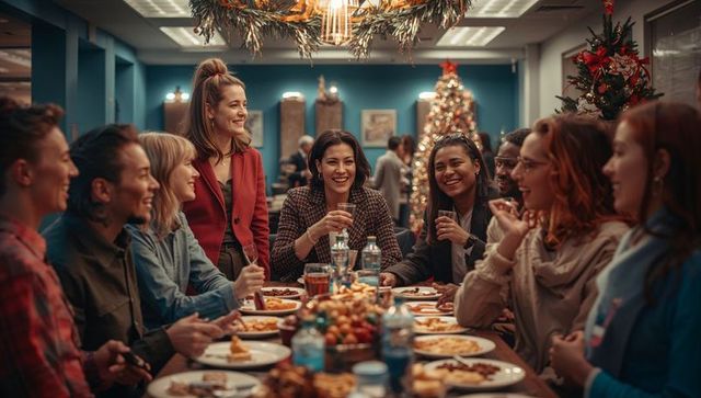 Office Holiday Gathering Around Pizza Sharing Cheerful Moment