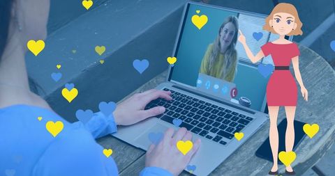 Online dating and heart interactions on laptop screen