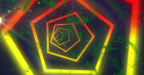 Abstract green network over red and yellow hexagon tunnel