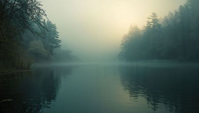 Misty Lake at Dawn with Reflecting Conifers