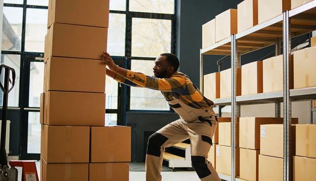 Warehouse worker stabilizing tall stack of cardboard boxes in industrial stockroom