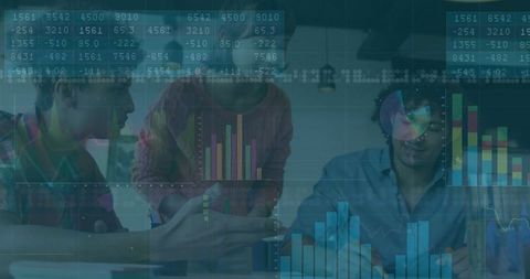 Analysts collaborating over data insights in office environment