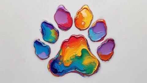 Colorful rainbow dog paw print on white canvas with vibrant texture