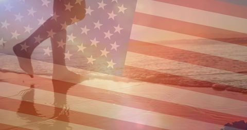 Woman Walking on Beach with American Flag Overlay and Sunset Ambiance
