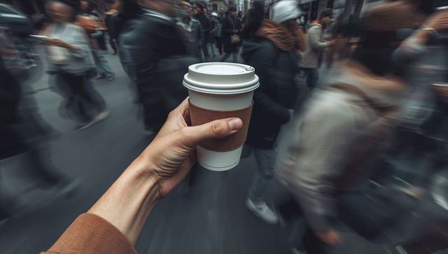 Hand holding coffee cup amidst blurred urban crowd
