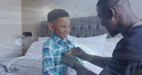 Father buttoning son's shirt with futuristic digital overlay symbolizing family tech bond