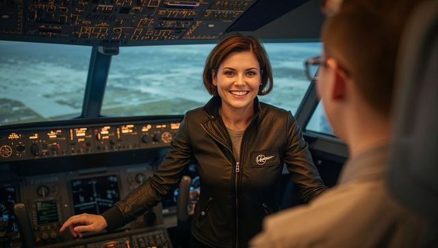 Confident female pilot engaged with co-pilot in aircraft cockpit