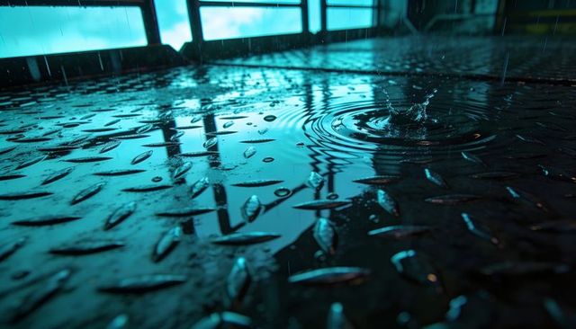 Teal rain ripples on diamond plate walkway with splash and reflective texture