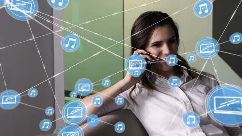 Woman Using Smartphone Surrounded by Digital Icons Representing Music Connections
