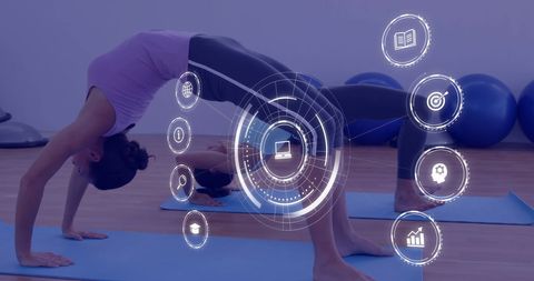 Woman Practicing Yoga with Digital Interface Overlay