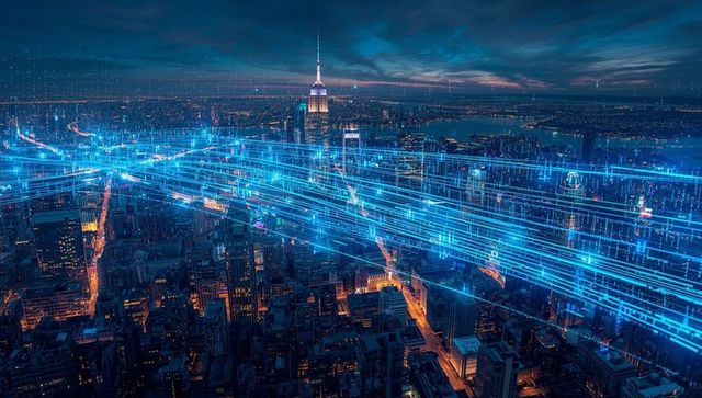 Futuristic urban skyline with neon data streams