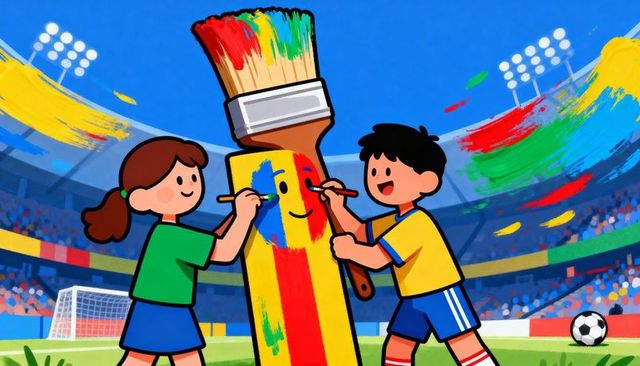 Kids painting giant paintbrush mascot in stadium celebrating teamwork and creativity