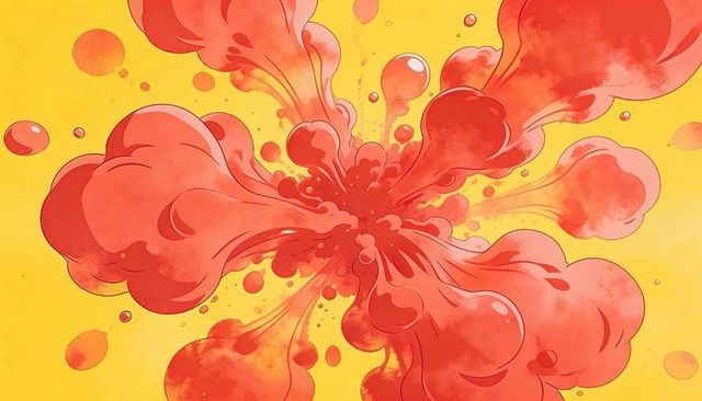 Bursting red-orange liquid explosion radiating across warm yellow backdrop, watercolor droplets