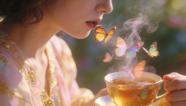 Woman blowing tea steam into floating butterflies over golden cup in dreamy garden