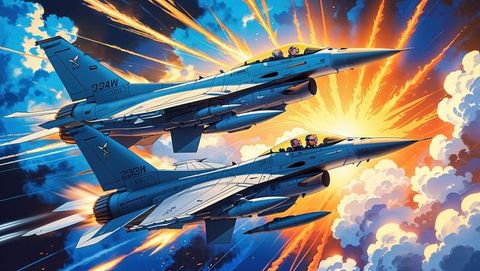 Military f16 fighter jets in dramatic sunset skies