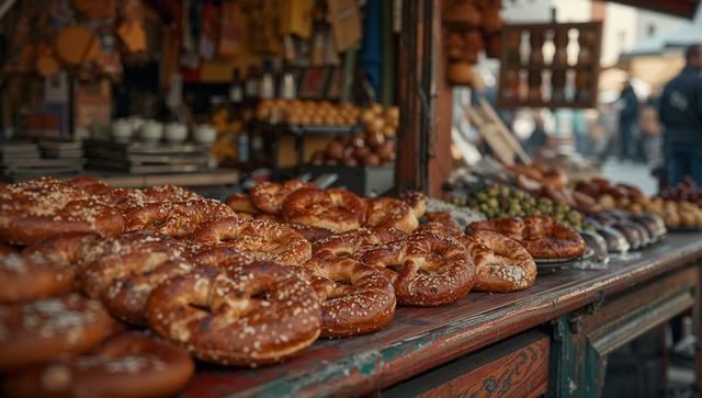 Rustic Marketplace Table with Freshly Baked Salted Pretzels and Deli Products