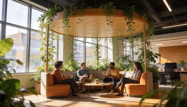 Team collaborating under indoor green canopy in modern office lounge