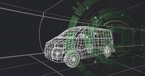 3d wireframe van with green hud overlay and converging grid floor virtual design concept