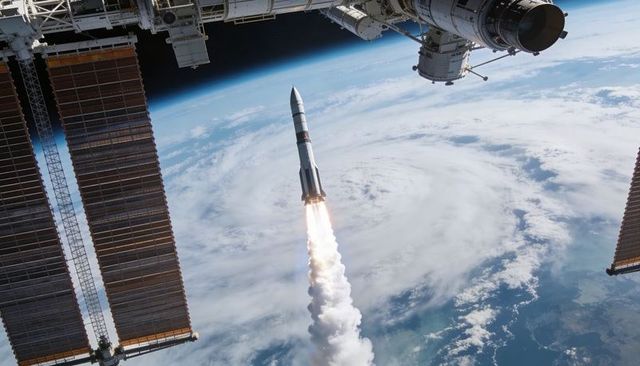 Rocket Launching Past Space Station Solar Arrays Over Earth Storm Swirl in Low Earth Orbit