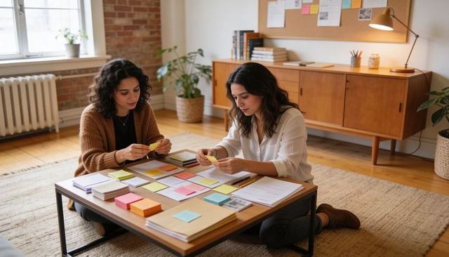 Two women collaborating over sticky notes and papers in cozy home workspace planning