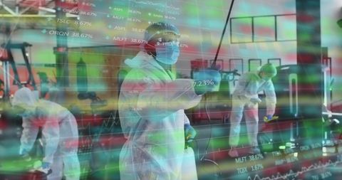 Female staff sanitizing gym equipment with sprayer while stock market charts overlaying