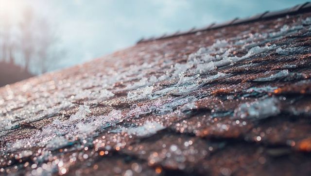 Melting Snow and Glimmering Shingles Under Sunlit Sky