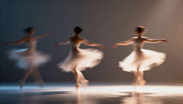 Spinning ballet dancers twirling in amber and blue stage light, motion blur elegance