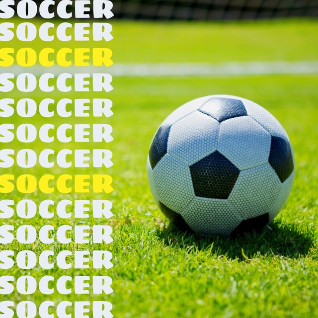 Clear image showing a traditional black and white soccer ball on a bright green grass field with repetitive text 'SOCCER' in white and yellow. Ideal for sports advertisements, posters, social media posts, and promotional materials related to soccer, football training camps, or youth sports events.