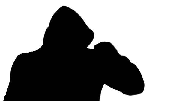 A silhouette of a person wearing a hoodie is depicted in a thoughtful or contemplative pose, with copy space. The image evokes a sense of mystery or introspection.
