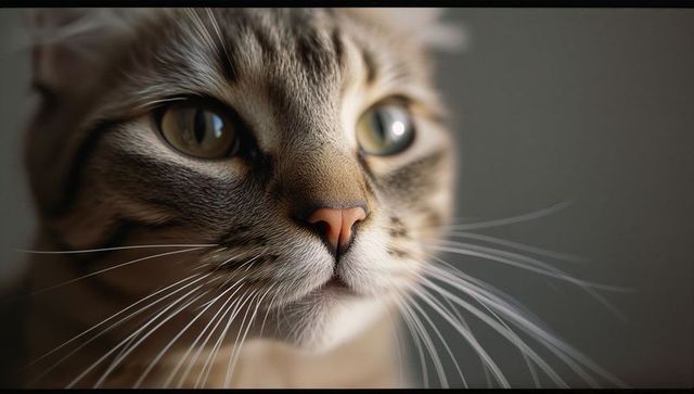 Staring tabby cat turning head slightly right closeup showing long whiskers green eyes